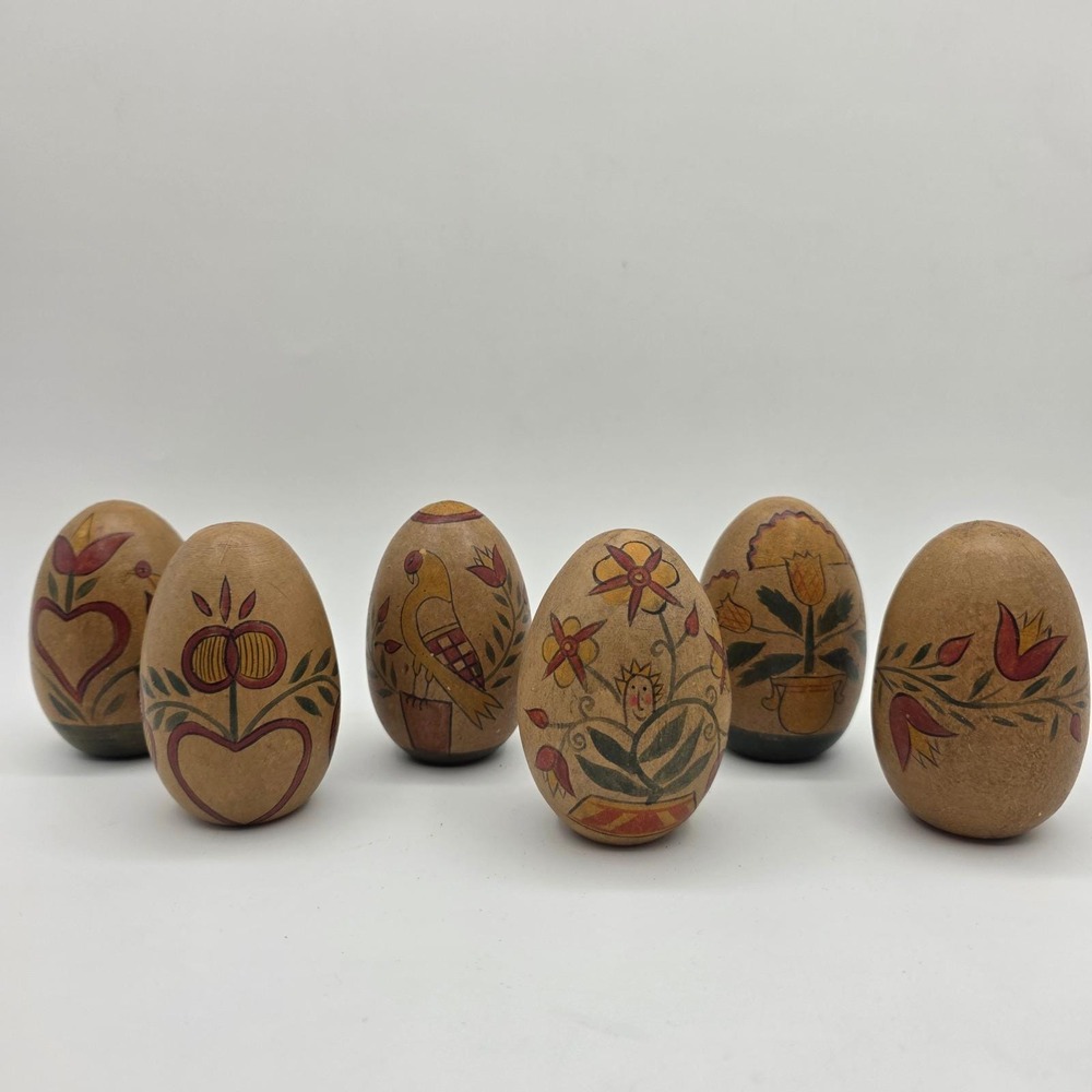 Vintage Hand Painted Wooden Folk Art Easter Eggs Set of 6 Bird Floral Heart 3.5"